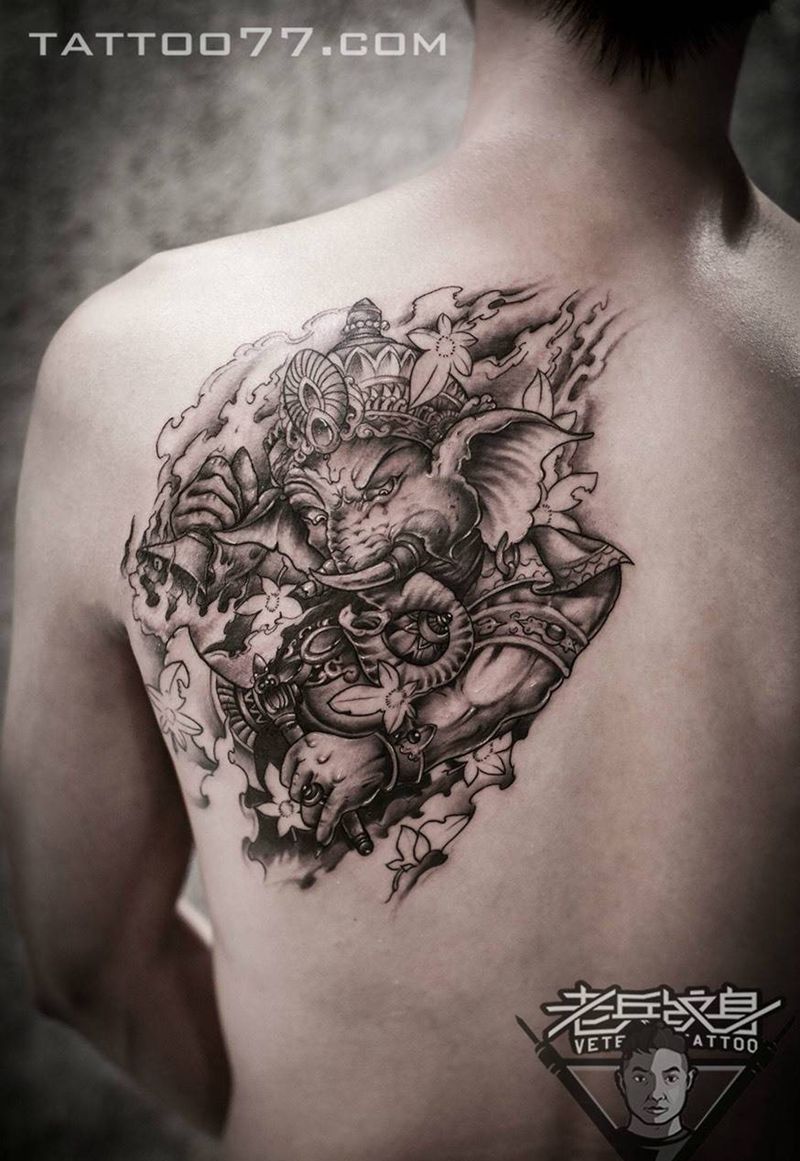 肩背象神纹身作品纹身图片_成品背部传统纹身图案