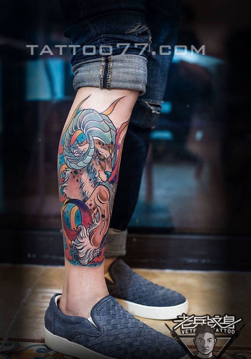 小腿羊纹身作品纹身图片_成品腿部欧美动物纹身图案