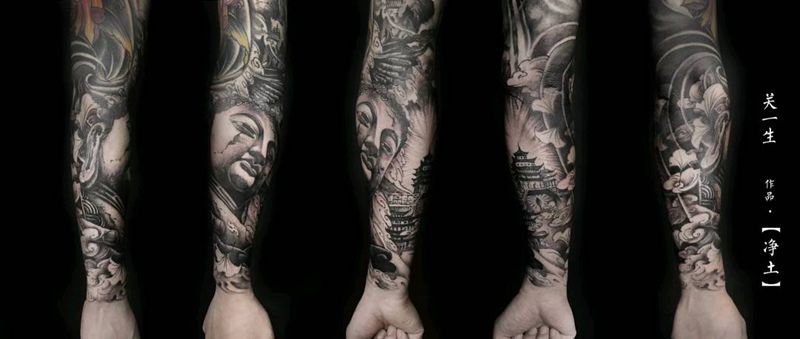 净土纹身图片_手臂新传统点刺花臂佛写实纹身图案