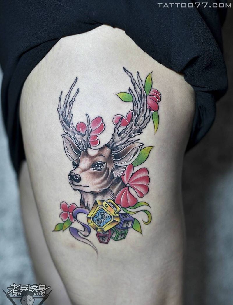 鹿纹身作品纹身图片_成品腿部欧美动物纹身图案