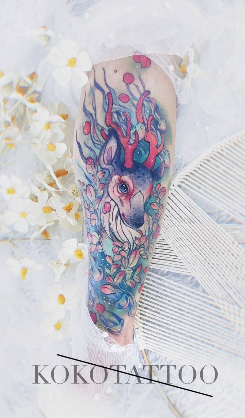 鹿——遮盖纹身图片_腿部水彩鹿伤疤遮盖定制设计纹身图案