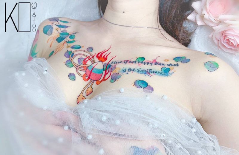 唐卡元素纹身图片_胸部水彩唐卡花胸水彩纹身图案