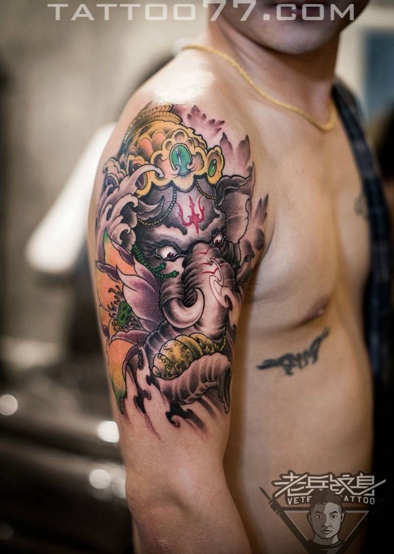 象神纹身作品纹身图片_成品手臂传统动物纹身图案