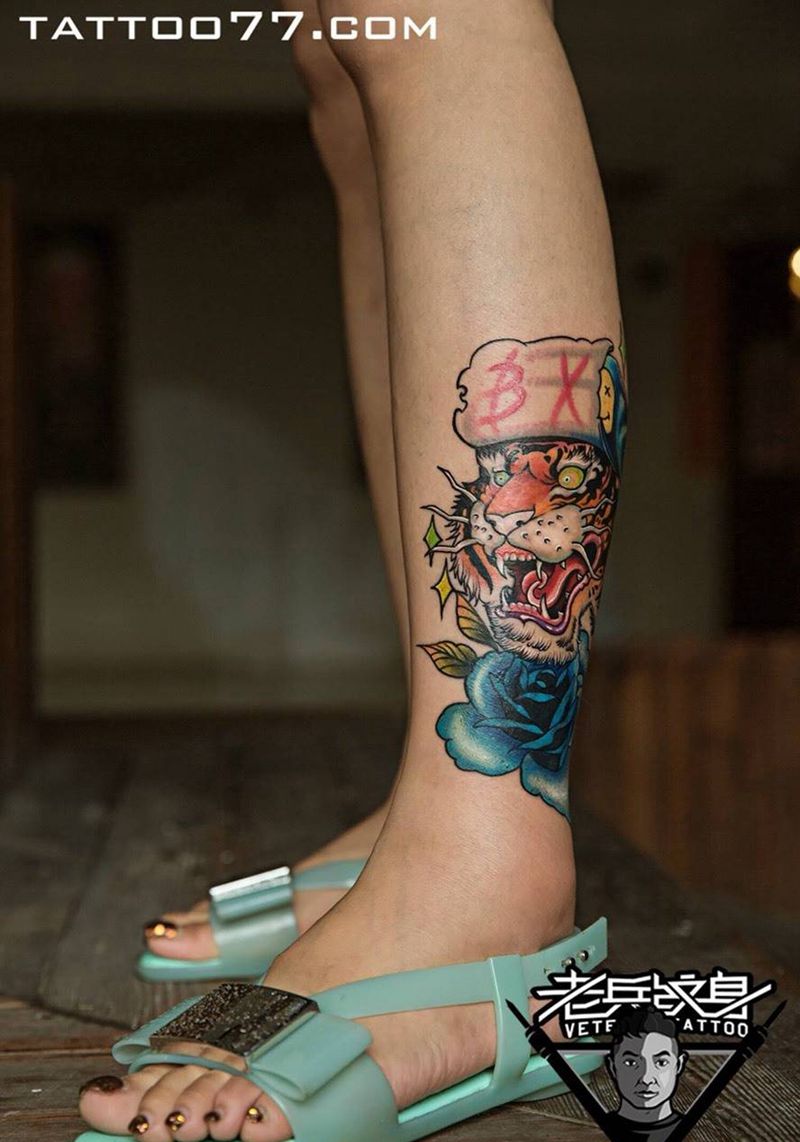 小腿老虎纹身作品纹身图片_成品腿部欧美动物纹身图案