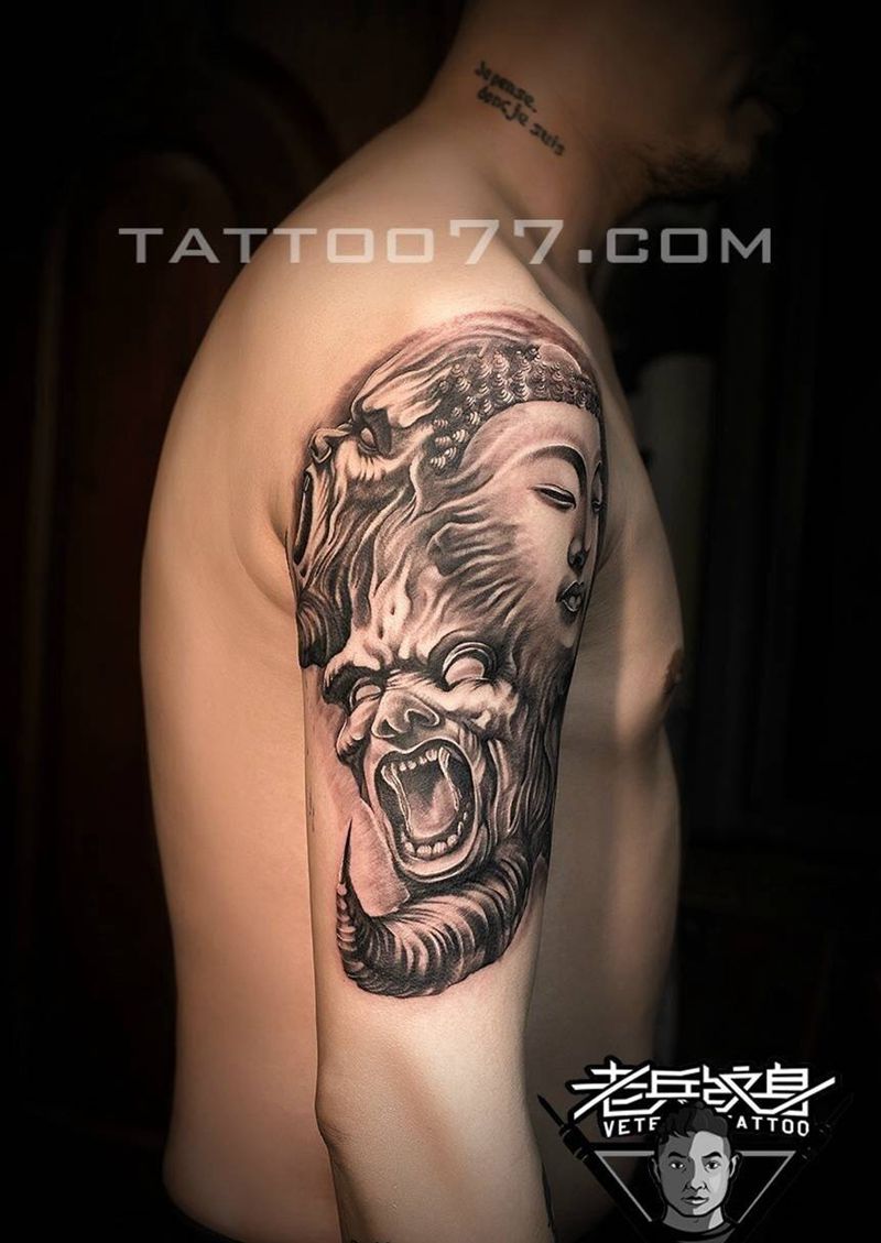 大臂佛魔纹身作品纹身图片_成品手臂欧美鬼神纹身图案