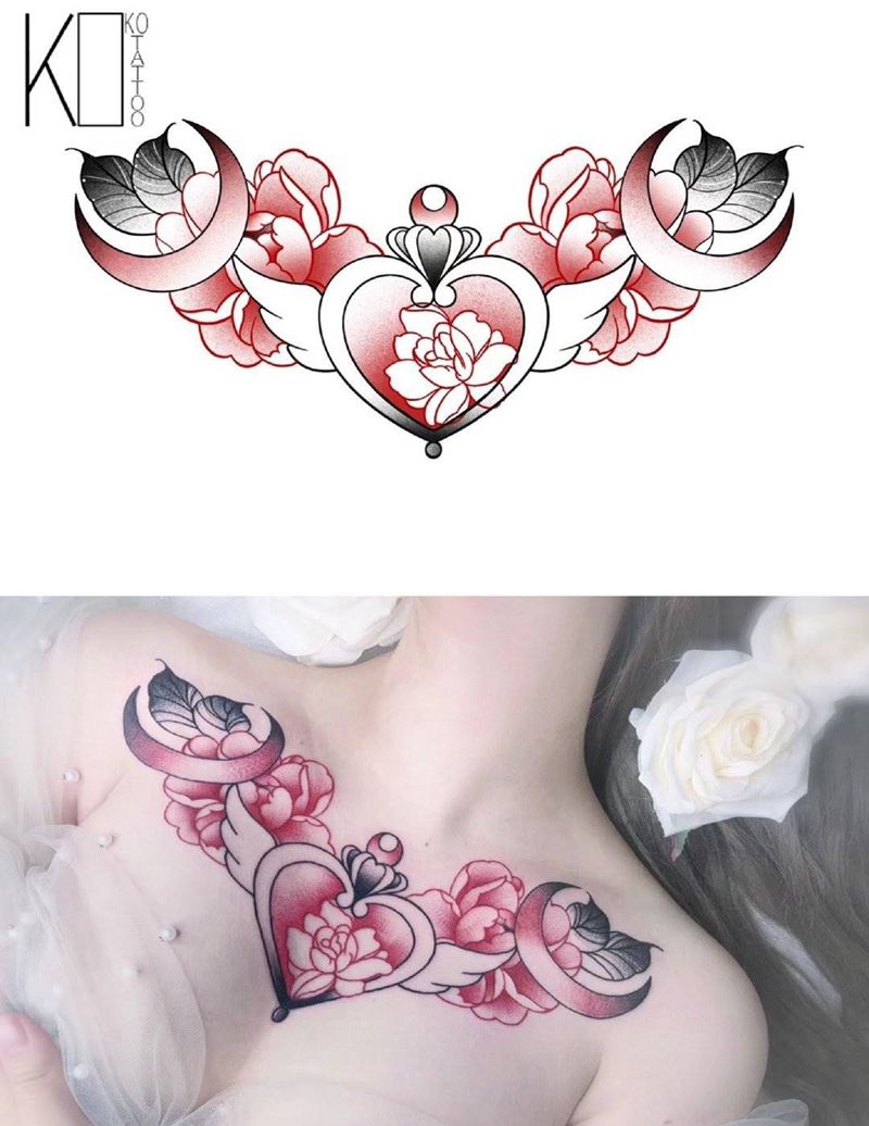 花胸纹身图片_胸部Old SchoolNew School花卉月亮爱心纹身图案