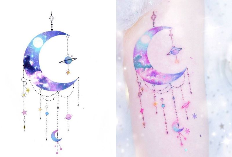 月亮纹身图片_手臂水彩月亮夜空星球纹身图案