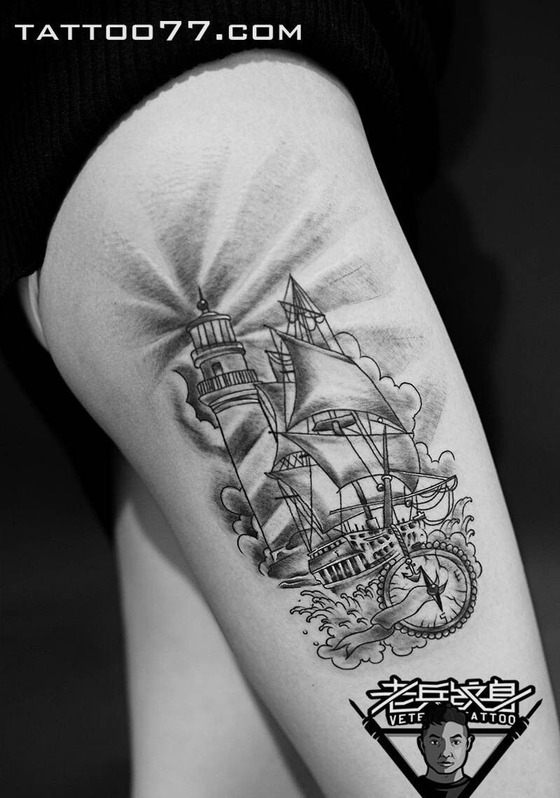 大腿帆船纹身作品纹身图片_成品腿部欧美静物纹身图案