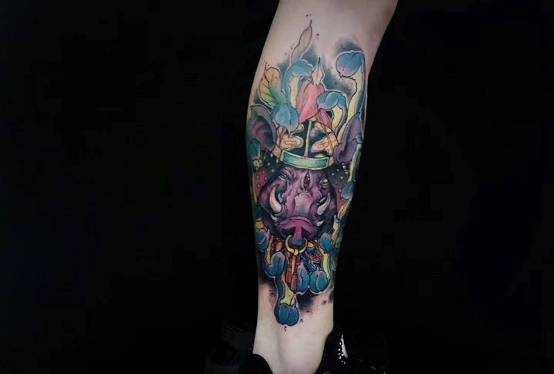 生肖定制纹身图片_腿部Old SchoolNew School一人一图定制设计生肖纹身图案