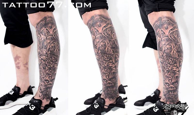 花腿斗战圣佛纹身图片_成品腿部传统人物鬼神纹身图案