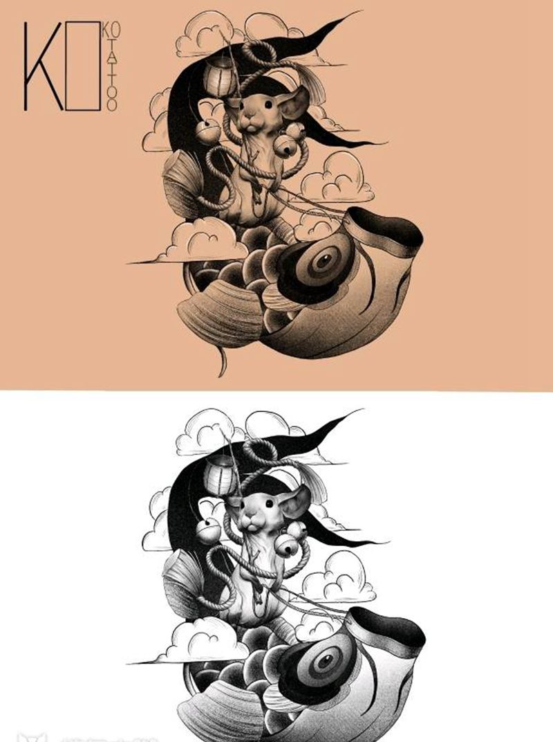 鼠纹身图片_腿部手臂点刺日和风鲤鱼旗老鼠纹身图案