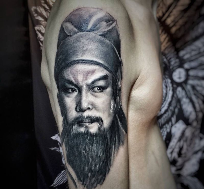 关羽，耗时3小时纹身图片_成品手臂肖像人物纹身图案