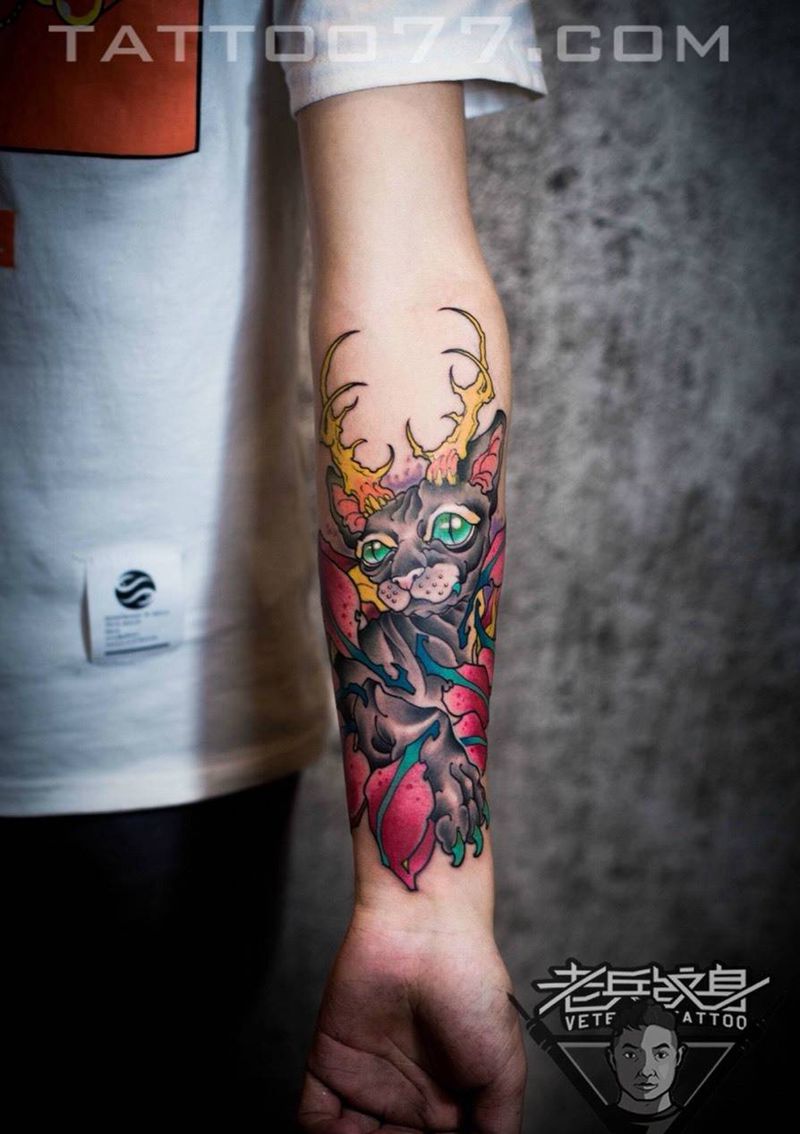 小手臂猫咪纹身作品纹身图片_成品手臂欧美动物纹身图案