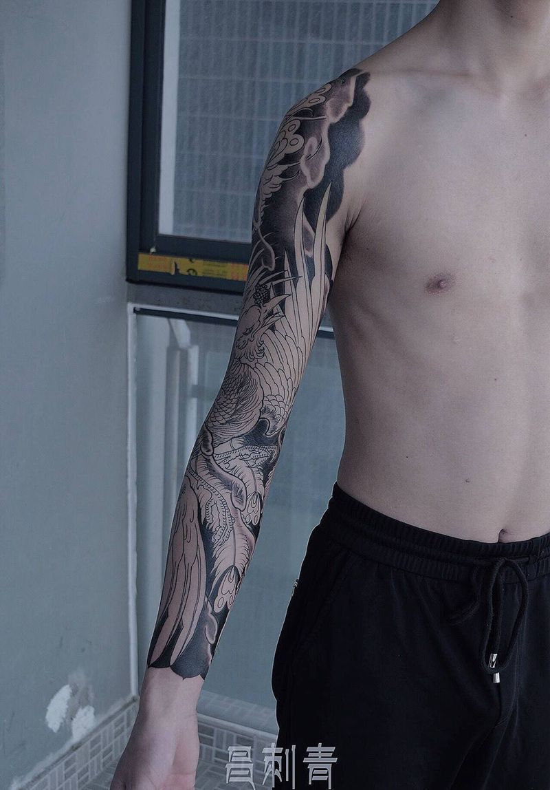 花臂凤凰未完成下次继续纹身图片_成品手臂手部传统动物原创宗教鬼神图腾纹身图案