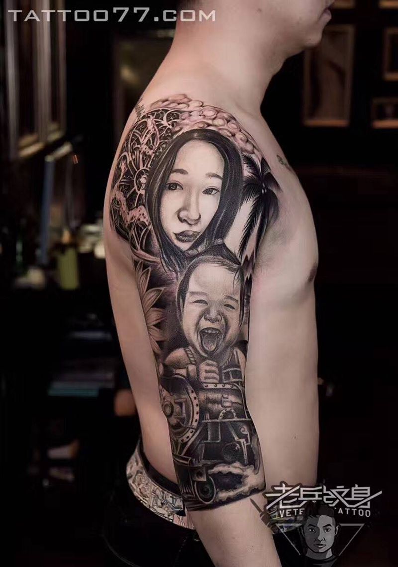 七分袖家园纹身图片_成品手臂肖像欧美原创人物纹身图案