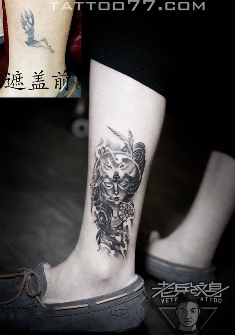 小腿狼女孩纹身作品纹身图片_成品腿部欧美动物人物纹身图案