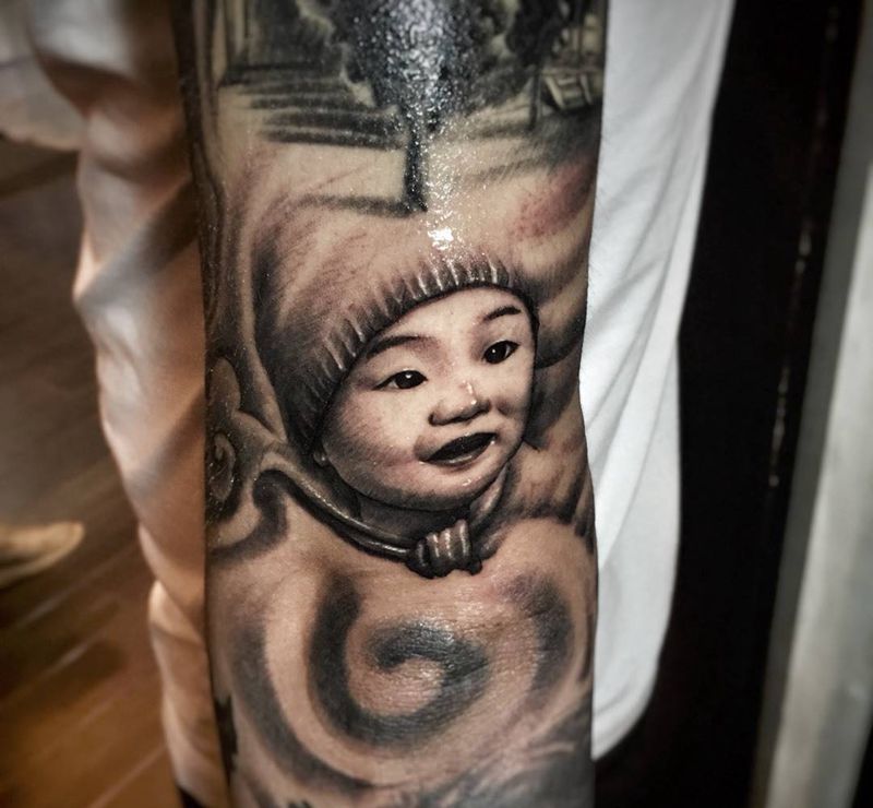 小肖像一枚，耗时一个小时纹身图片_成品手臂欧美人物纹身图案