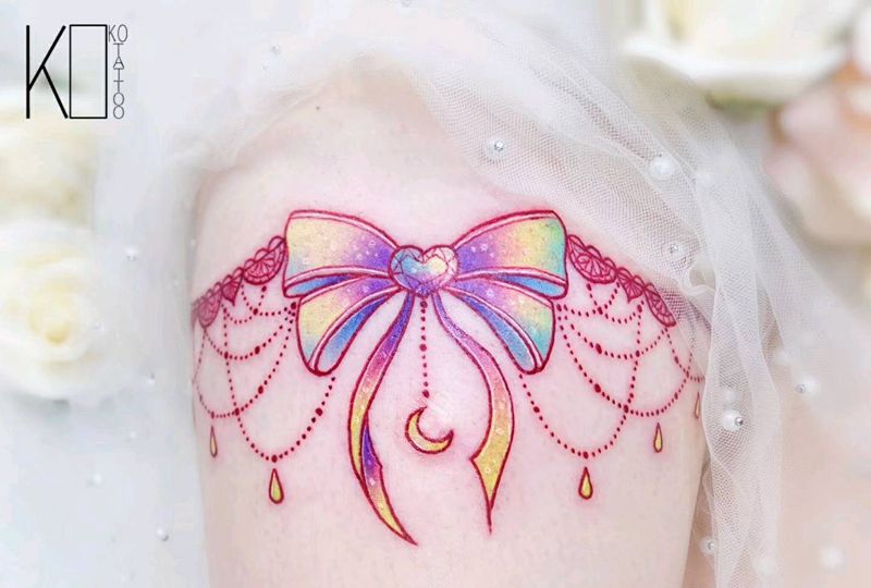 蝴蝶结纹身图片_腿部水彩蝴蝶结腿环少女心纹身图案