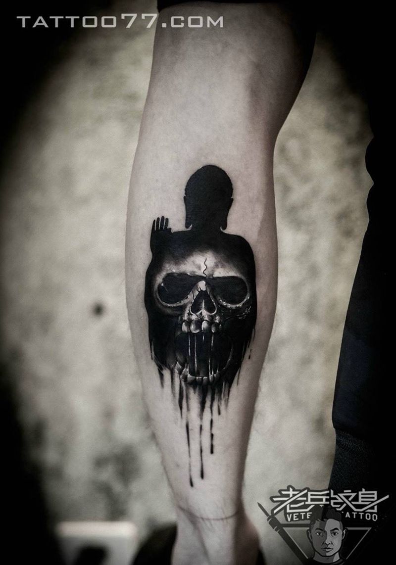 小腿骷髅佛纹身作品纹身图片_成品腿部欧美鬼神纹身图案