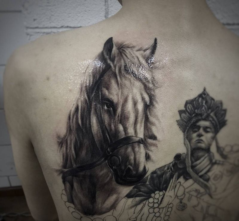 白龙马……纹身图片_成品肩部背部欧美写实肖像动物鬼神宗教原创纹身图案