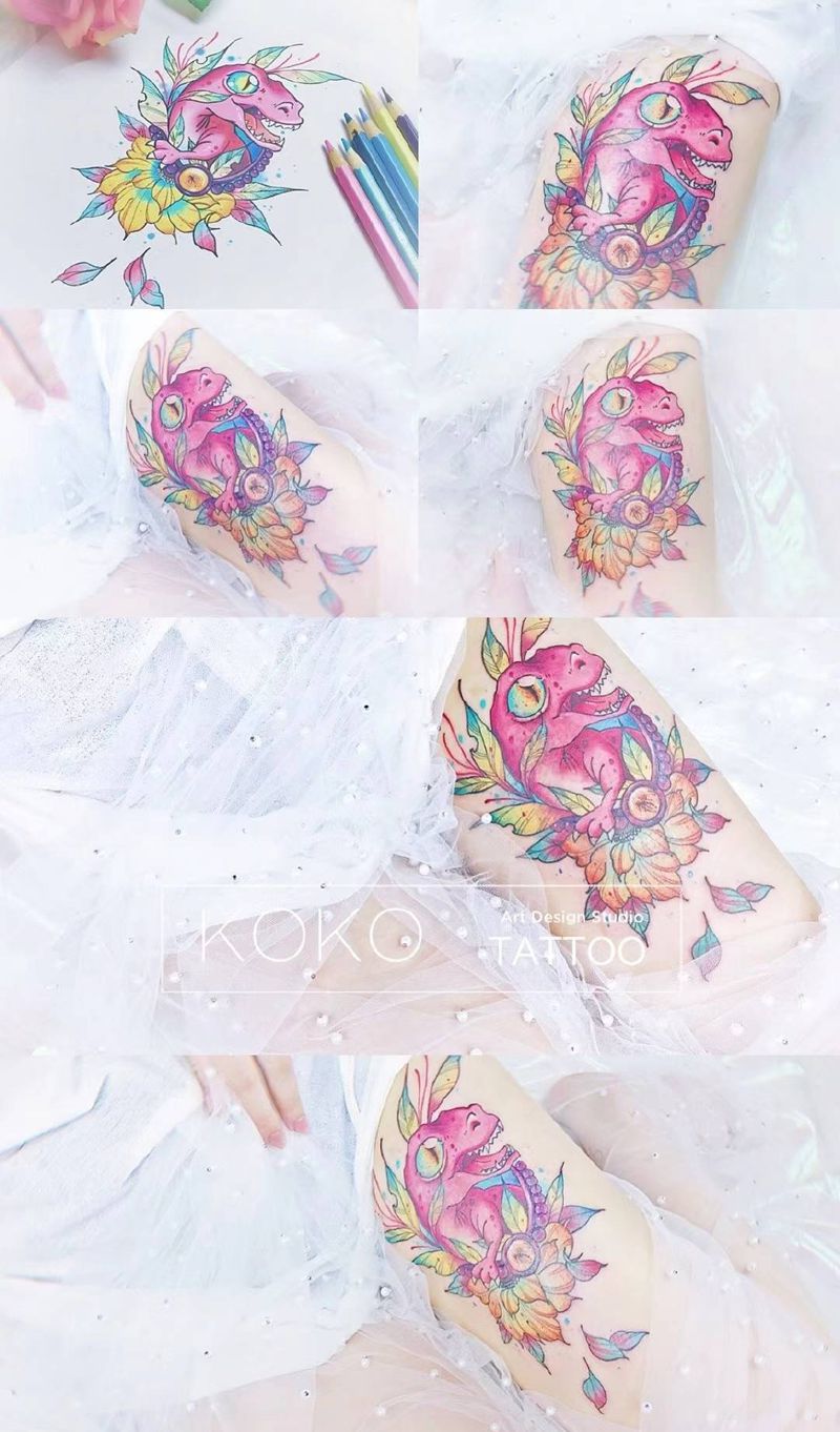 粉色系合集纹身图片_手臂腿部水彩点刺粉色少女唯美纹身图案