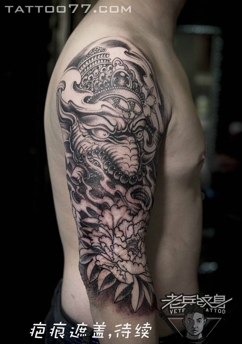 大臂象神纹身作品纹身图片_成品手臂传统动物纹身图案