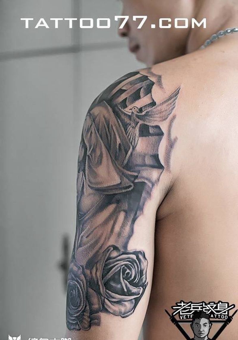 圣母纹身作品纹身图片_成品手臂欧美人物宗教纹身图案