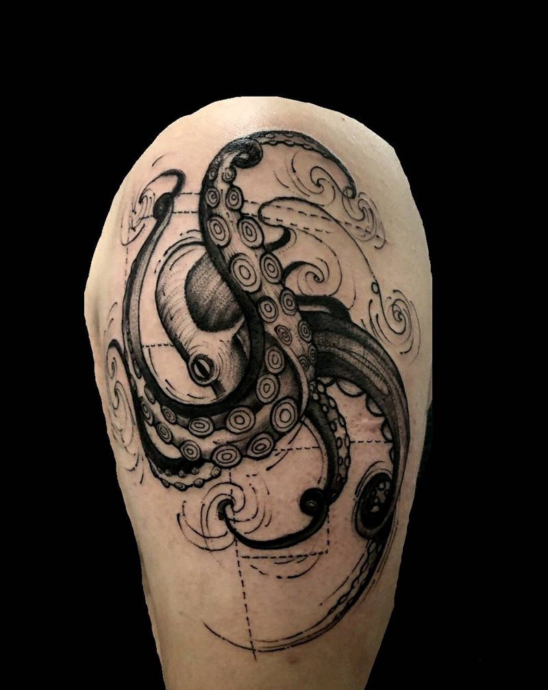 章鱼哥纹身图片_手臂几何点刺章鱼纹身图案