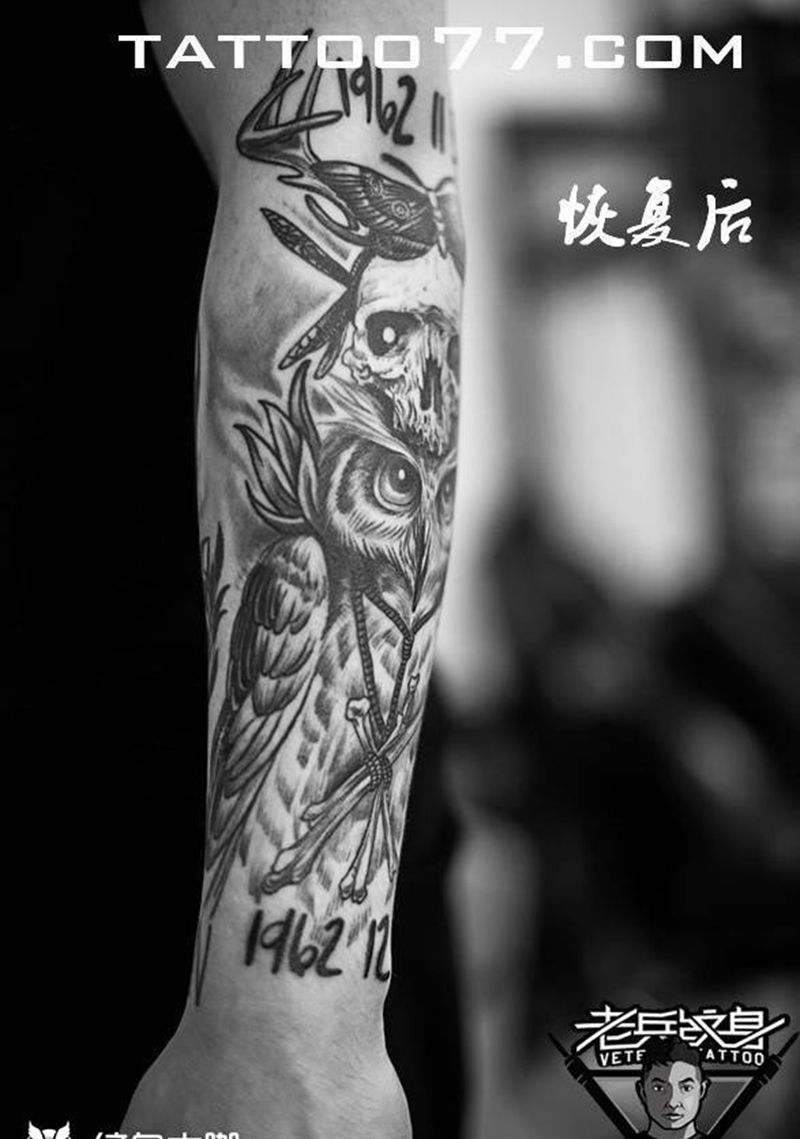 欧美骷髅猫头鹰纹身作品恢复后效果纹身图片_成品手部欧美动物纹身图案