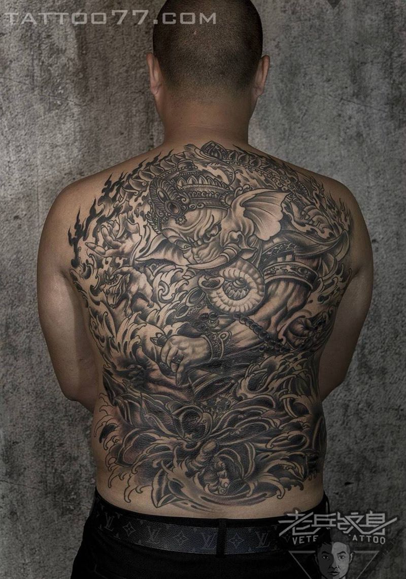 满背象神纹身作品纹身图片_成品背部传统鬼神纹身图案