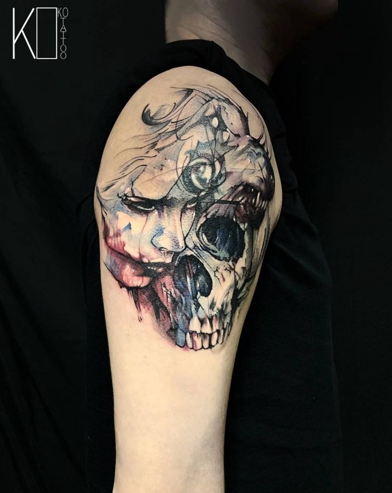 骷髅——遮盖纹身图片_手臂点刺暗黑遮盖设计老虎纹身图案