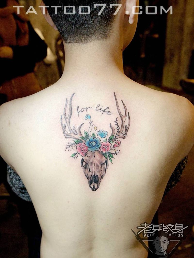 鹿骷髅纹身作品纹身图片_成品背部欧美清新动物纹身图案