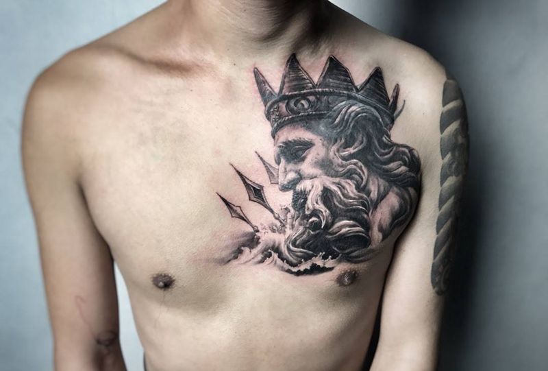 波塞冬 遮盖纹身图片_成品胸部肩部欧美写实原创宗教武汉纹艺刺刻纹申坤纹身图案