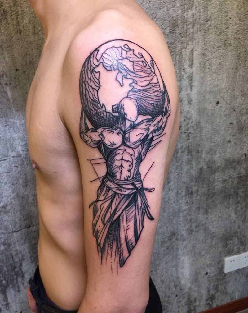 大臂阿特拉斯纹身作品纹身图片_成品手臂肖像人物纹身图案