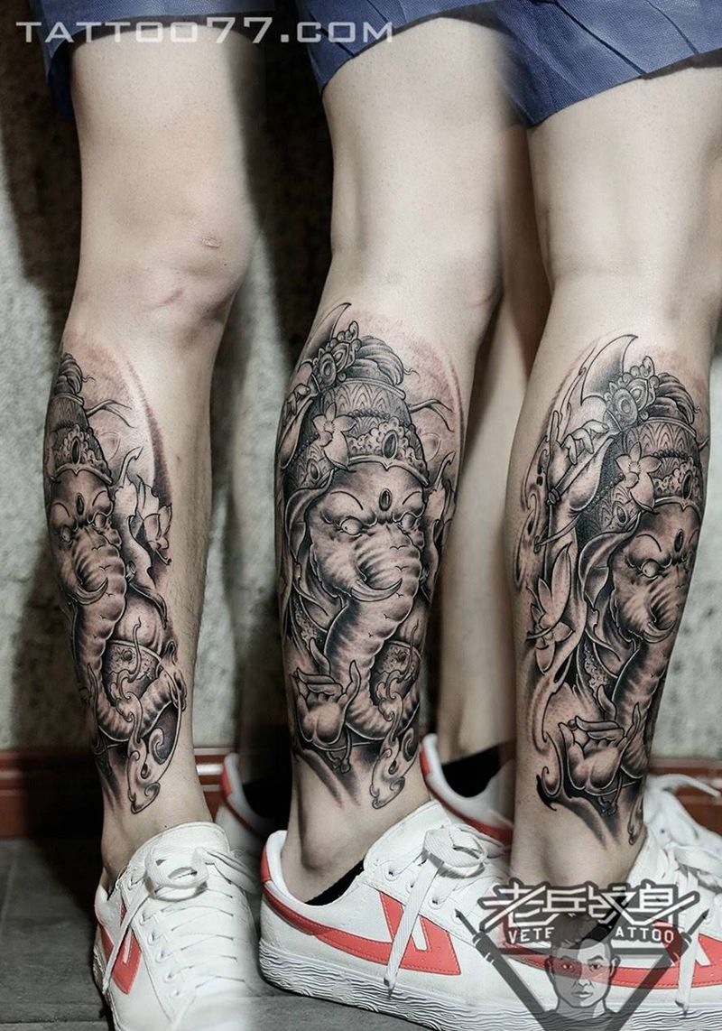 小腿象神纹身作品纹身图片_成品腿部欧美纹身图案