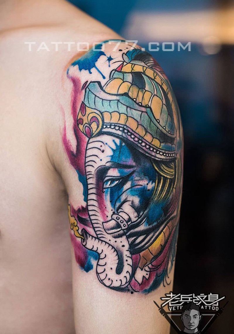 泼墨象神纹身作品纹身图片_成品手臂欧美动物纹身图案