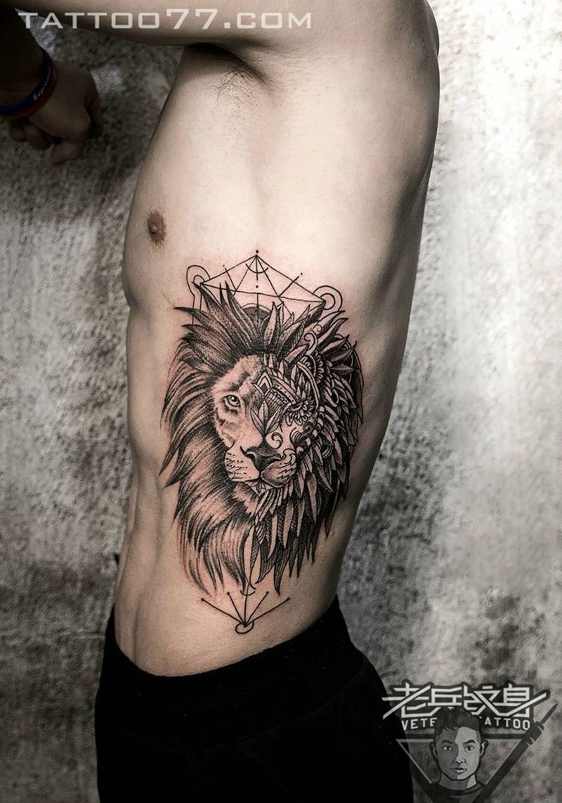 侧腰狮子纹身作品纹身图片_成品腰部传统动物纹身图案