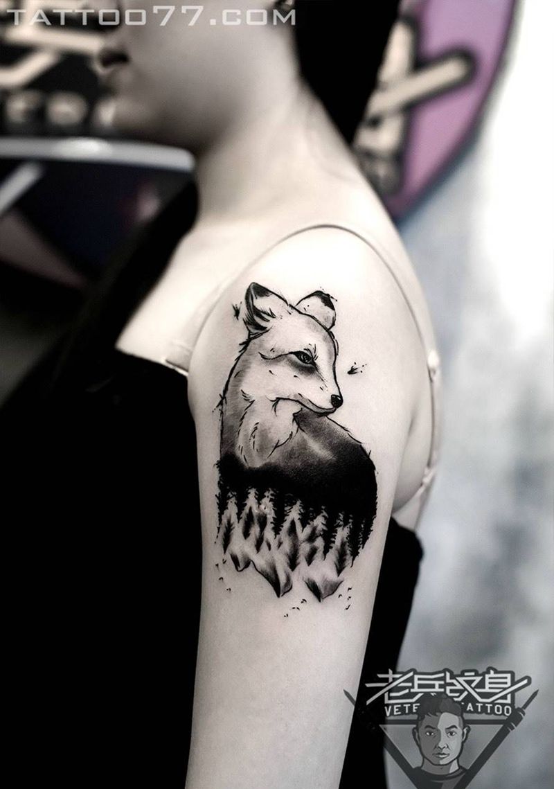 手臂狐狸纹身作品纹身图片_成品手臂清新动物纹身图案