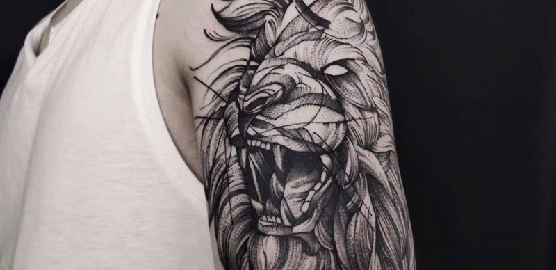 狮子座♌️纹身图片_手臂点刺一人一图遮盖设计定制设计纹身图案