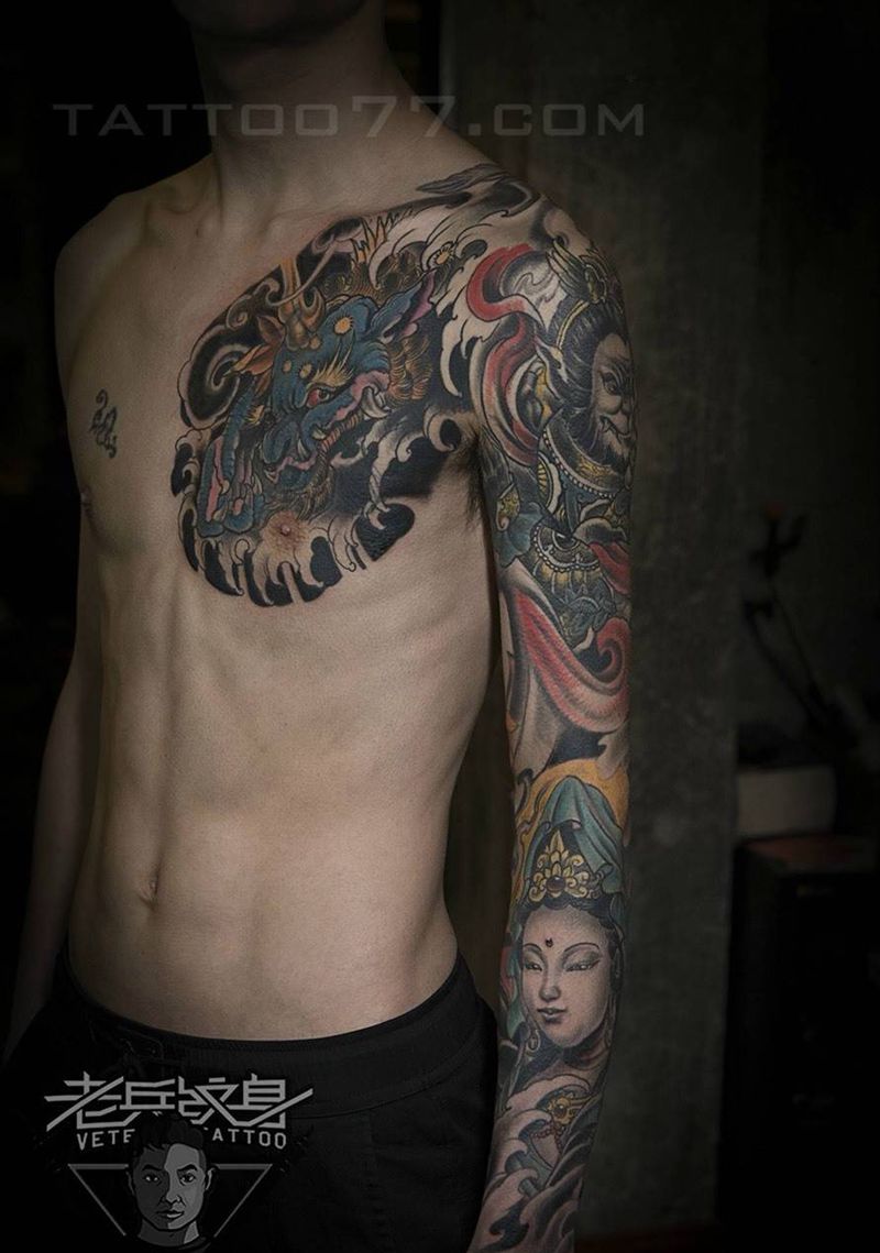 半胛花臂孙悟空观音纹身作品纹身图片_成品手臂传统人物纹身图案