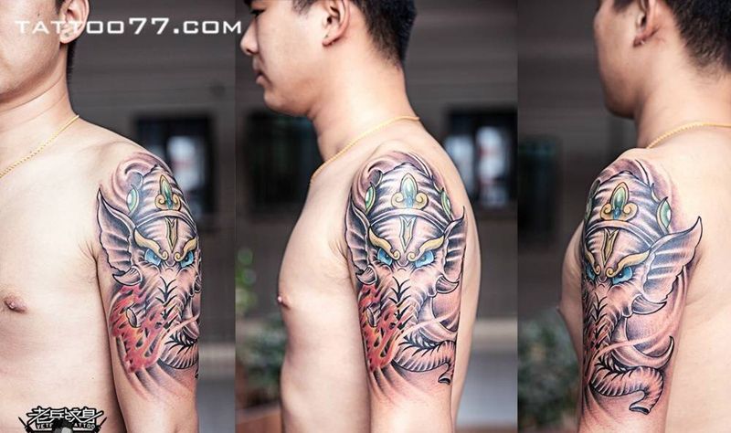 大臂象神纹身作品纹身图片_成品手臂传统动物纹身图案