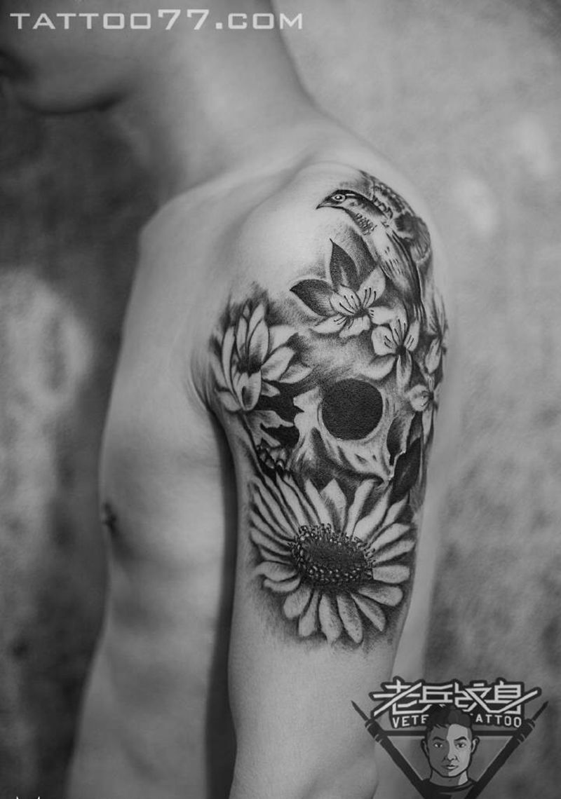 大臂骷髅纹身作品纹身图片_成品手臂欧美鬼神纹身图案