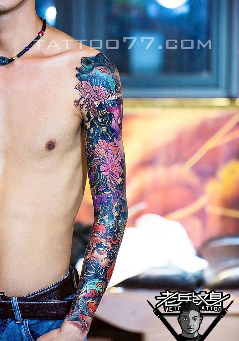 花臂纹身纹身图片_成品手臂欧美人物纹身图案