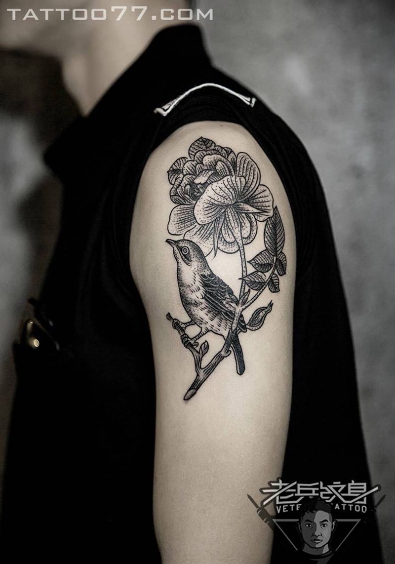 手臂点刺鸟纹身作品纹身图片_成品手臂欧美动物纹身图案