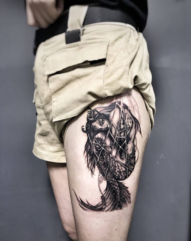 等待纹身图片_成品腿部欧美写实人物鬼神武汉纹艺刺刻纹申坤纹身图案