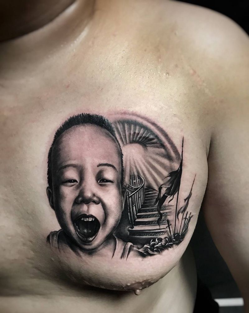 成长纹身图片_胸部欧美写实肖像故事性纹艺刺刻纹身图案