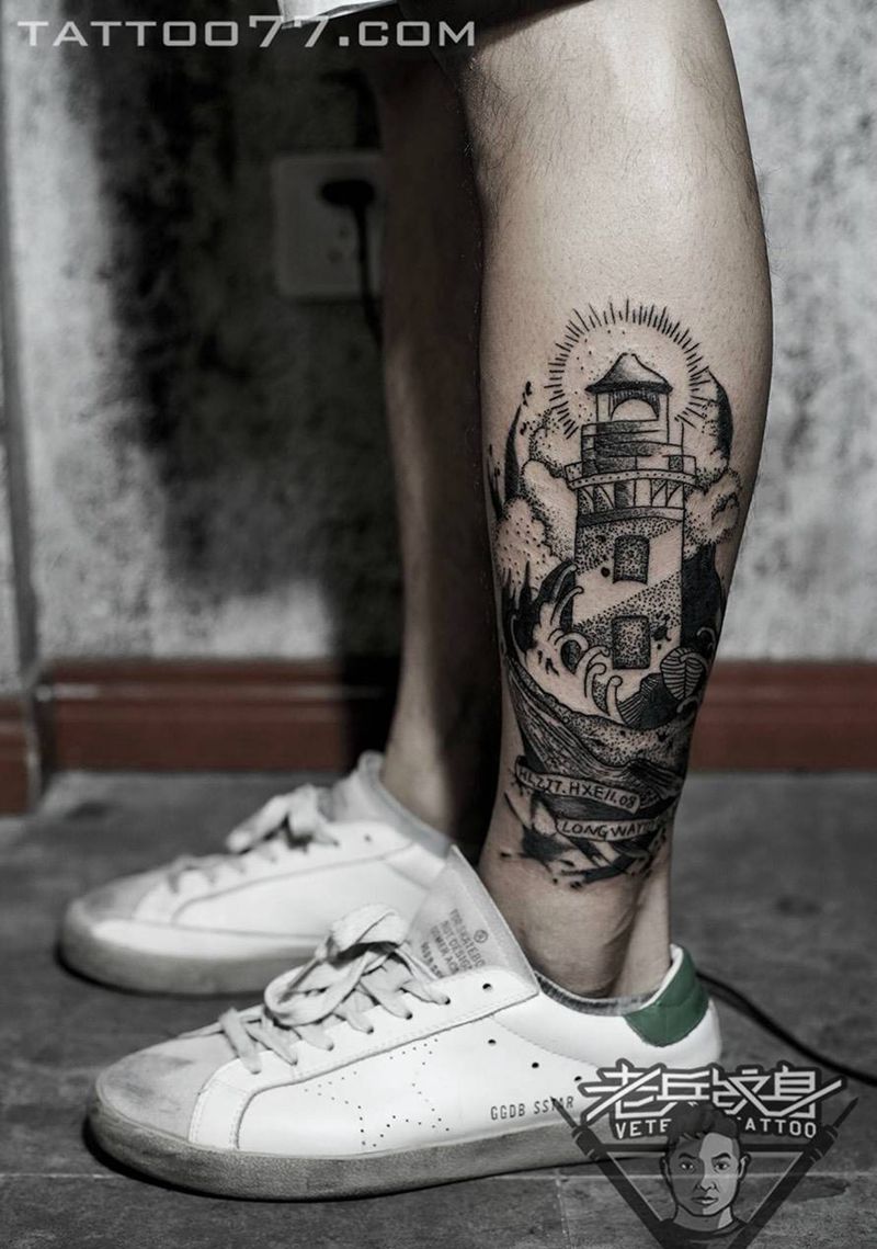 小腿点刺灯塔纹身作品纹身图片_成品腿部欧美静物纹身图案