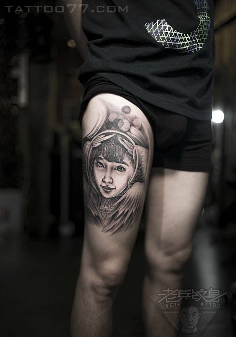 大腿美女肖像纹身作品纹身图片