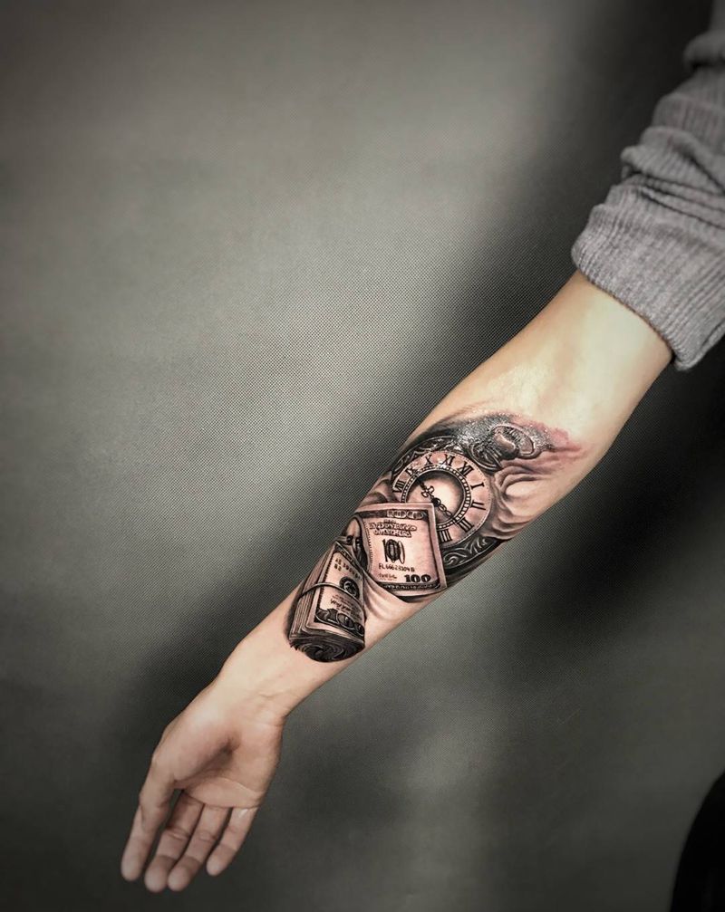 时间与金钱…纹身图片_成品手臂手部欧美写实原创静物武汉纹艺刺刻纹申坤纹身图案