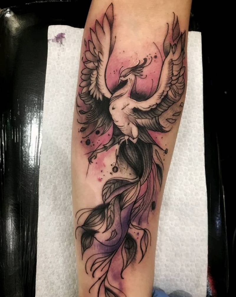水彩凤凰纹身图片_手臂水彩纹身图案